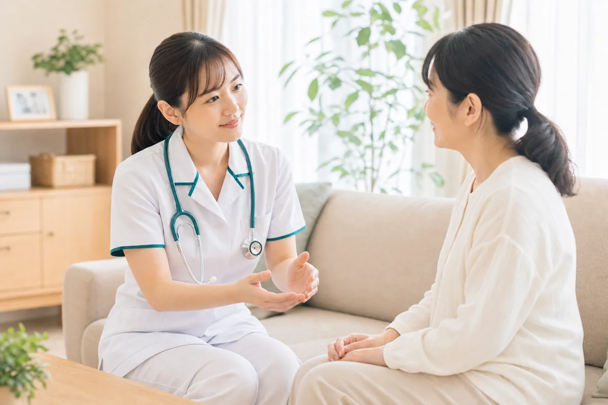 看護師とスタッフが寄り添って書類を確認する様子